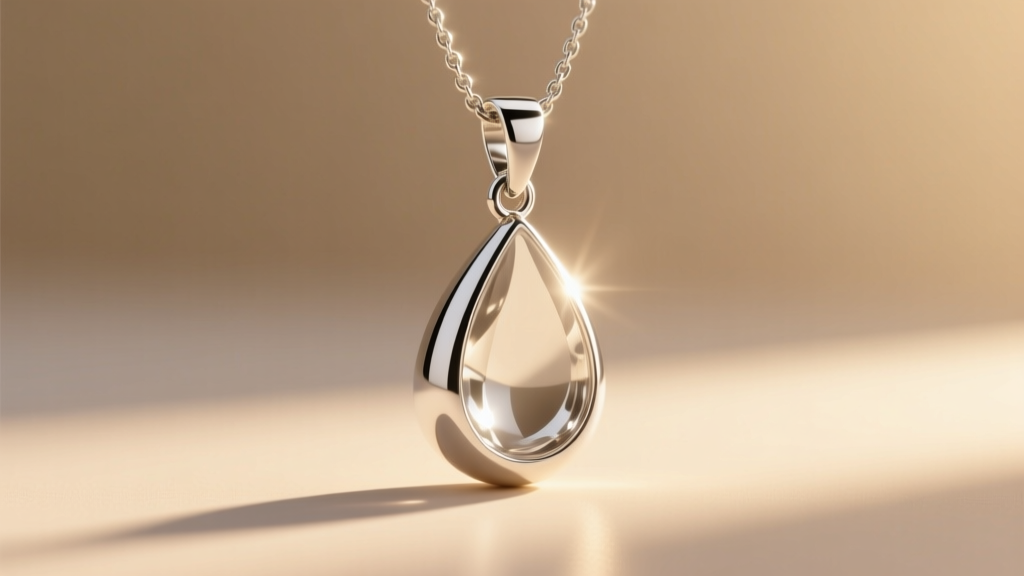 Argentium silver teardrop pendant in warm sunlight, demonstrating high luster and a seamless, invisible weld joint on the bail.