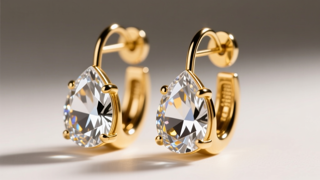 Close-up of elegant 18k gold vermeil leverback earrings featuring teardrop-cut clear crystals catching warm studio lighting