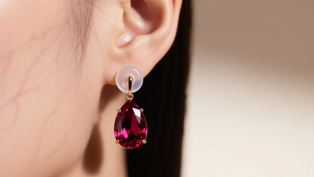 Close-up of an earlobe wearing a heavy ruby drop earring supported by a clear silicone friction disc back to prevent sagging