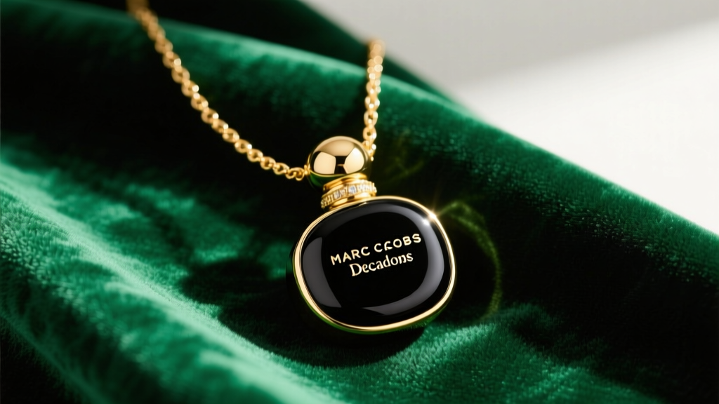 Gold-tone Marc Jacobs Decadence necklace with black enamel perfume bottle pendant resting on rich emerald green velvet fabric.