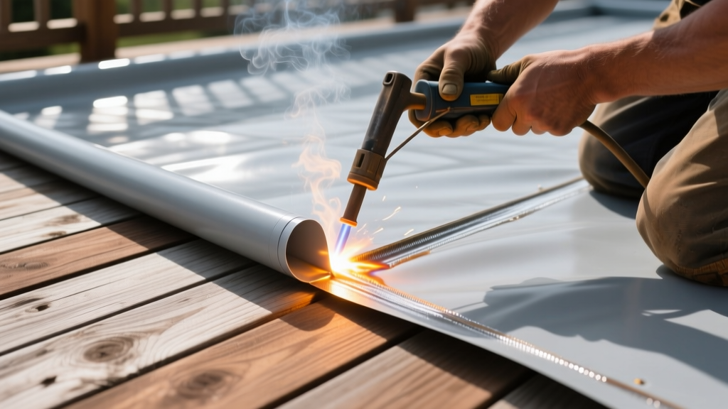 Close-up of a contractor heat-welding seams on a light grey PVC waterproof deck membrane over a wooden balcony substrate on a sunny day.