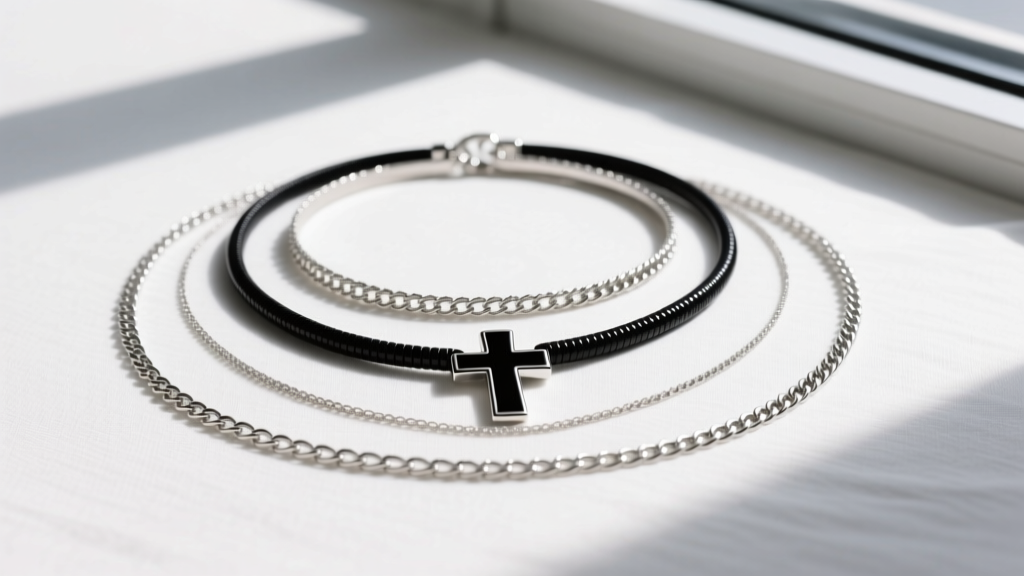 Flat lay of three layered necklaces featuring a 16-inch choker, an 18-inch black cross pendant, and a 20-inch simple silver chain.