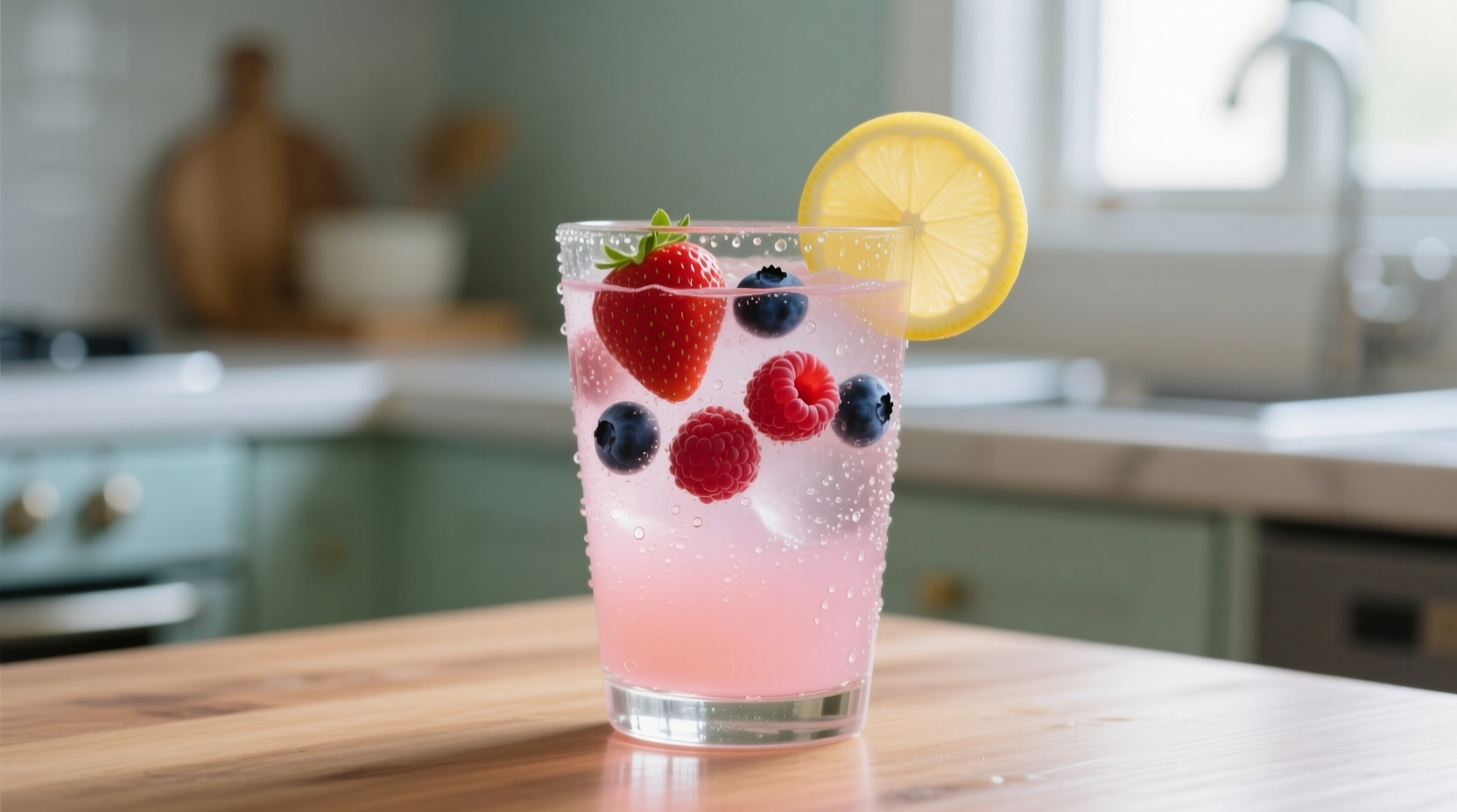 Glass of pink lemonade with fresh berries