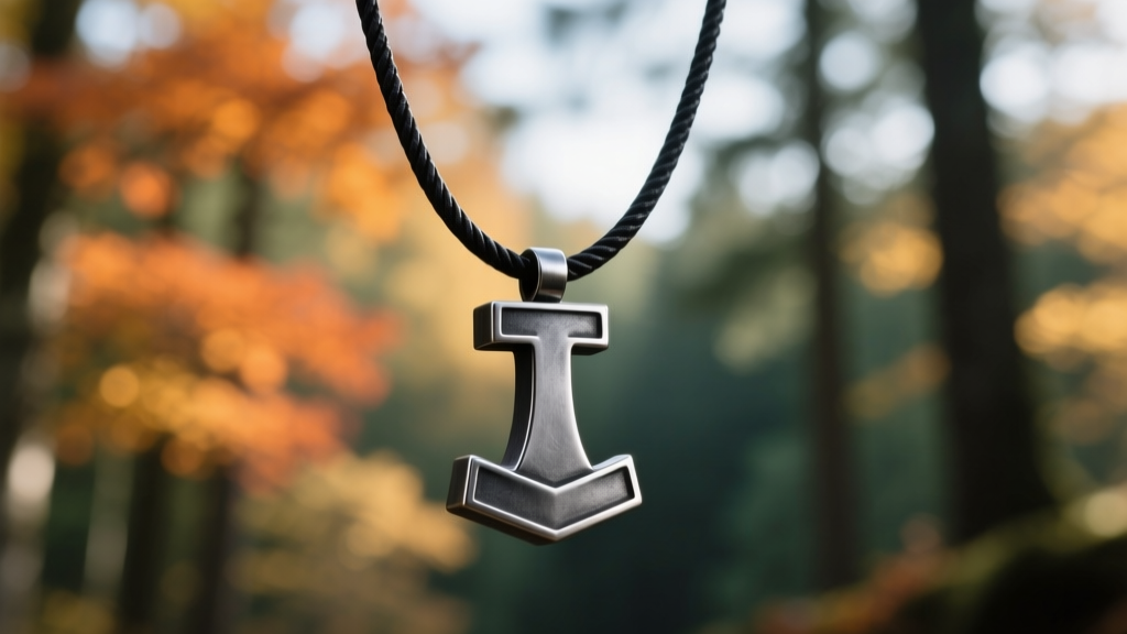 Side profile of a minimalist iron Mjolnir necklace on a leather cord, highlighting the simple T-shape design against blurred trees