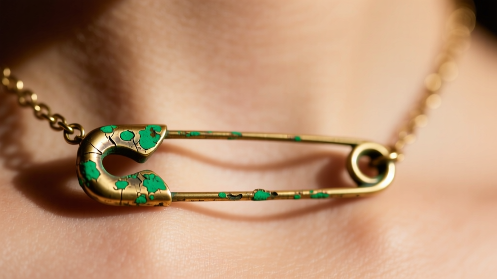 Tarnished brass safety pin necklace showing green oxidation spots against skin, clinical bright lighting revealing surface detail.