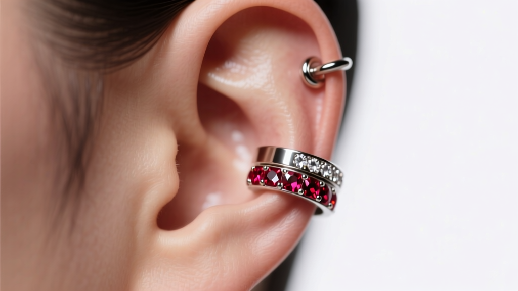 Close-up of an ear wearing a 16-gauge titanium helix cuff with pavé rubies, soft studio lighting highlighting the polished metal.