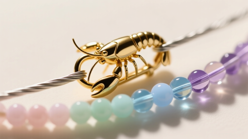 Macro shot of a gold-filled lobster clasp attached to 0.012-inch nylon-coated steel wire stringing tiny 3mm pastel glass beads.