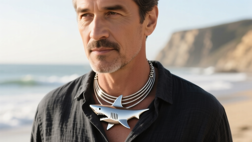 Close-up of a man wearing a layered sterling silver hammerhead shark necklace over a dark linen shirt, soft coastal lighting
