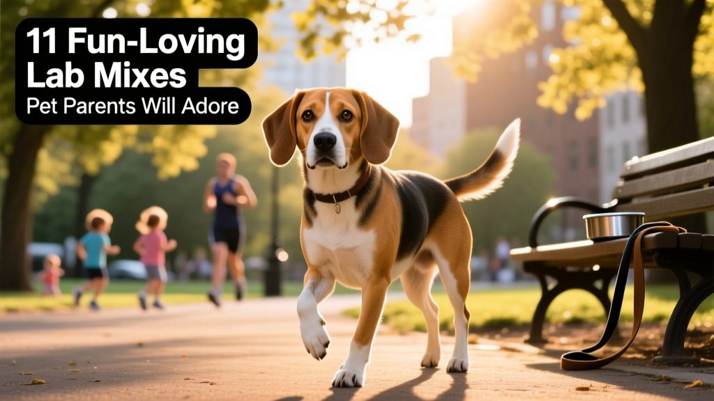 beagle labrador retriever mix with a lab face and beagle coat standing outside at a park