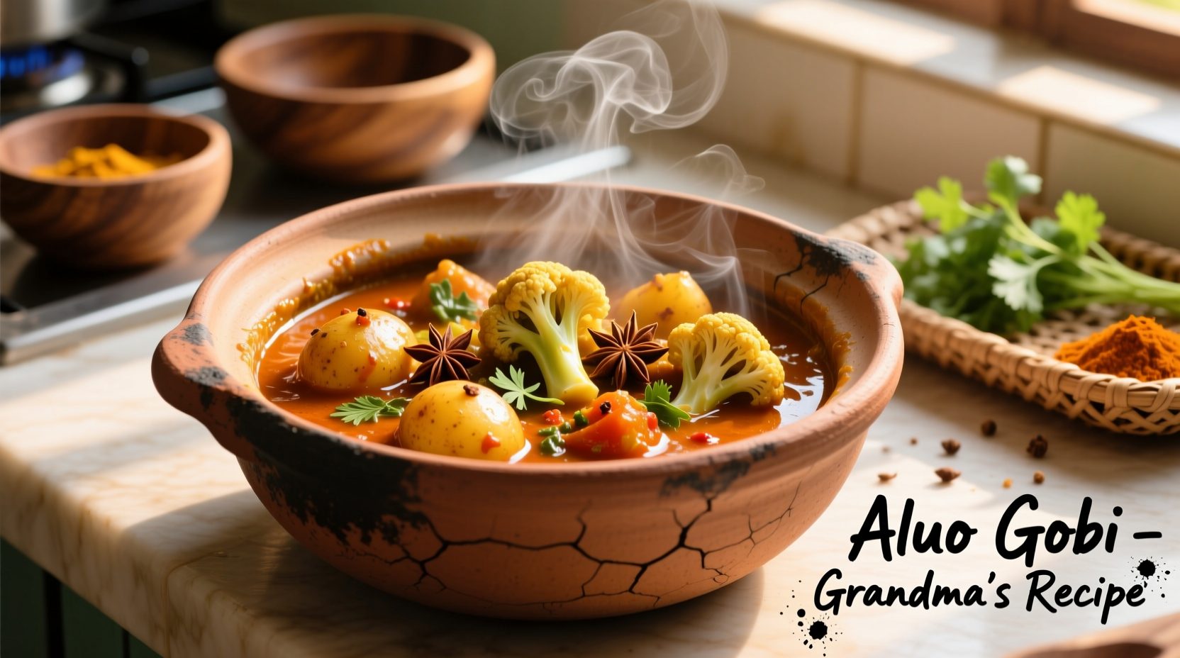 Traditional Aloo Gobi curry in clay pot