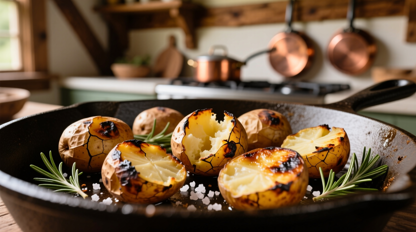Close-up of slightly charred roasted potatoes