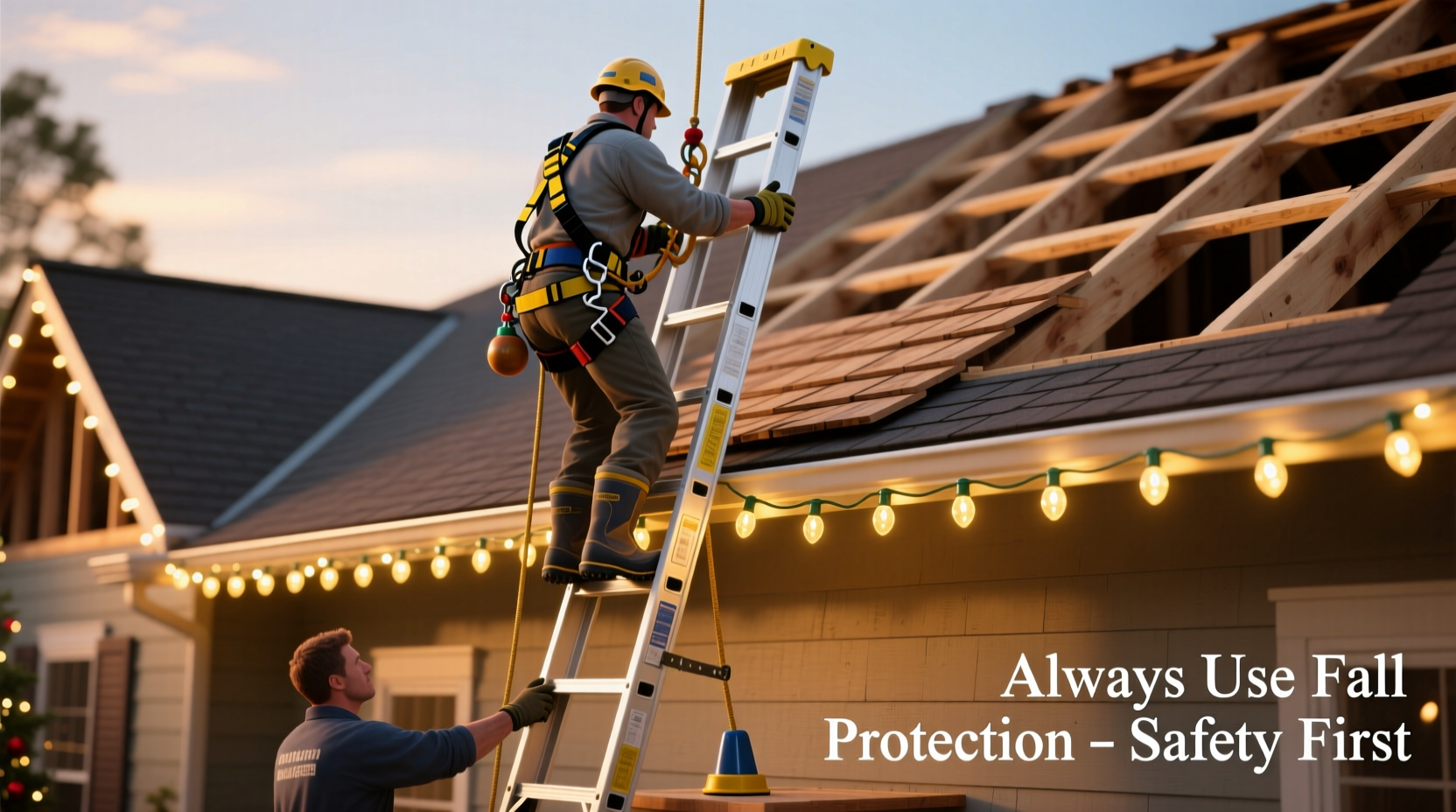 can you hang christmas lights on a ladder safely during roof installation
