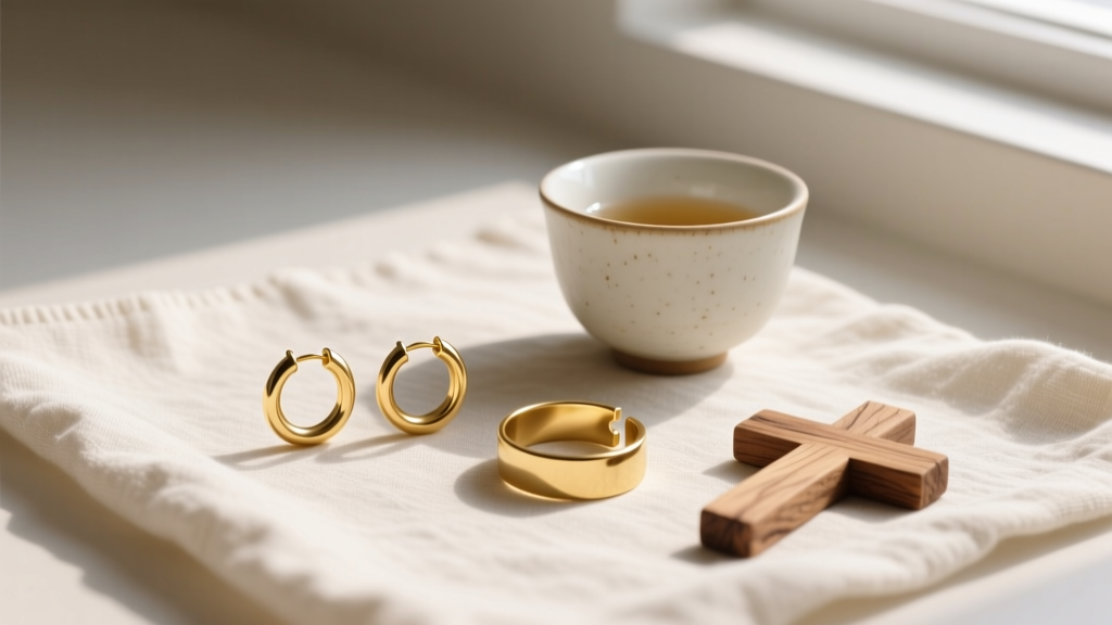Flat lay of small 10mm gold huggie hoops and ear cuffs on linen cloth beside a ceramic tea cup and a small wooden cross