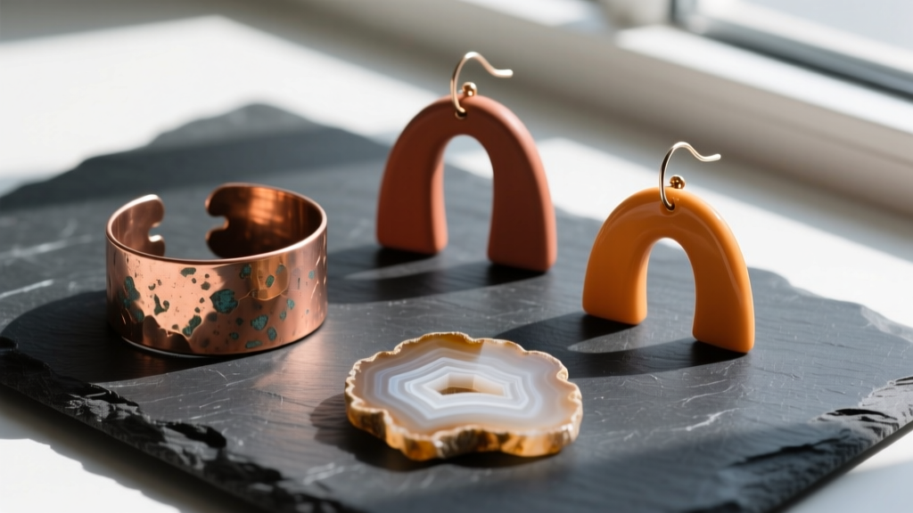 Flat lay of earthy earrings including raw copper ear cuffs, matte polymer clay arches, and unpolished agate slices on dark slate.