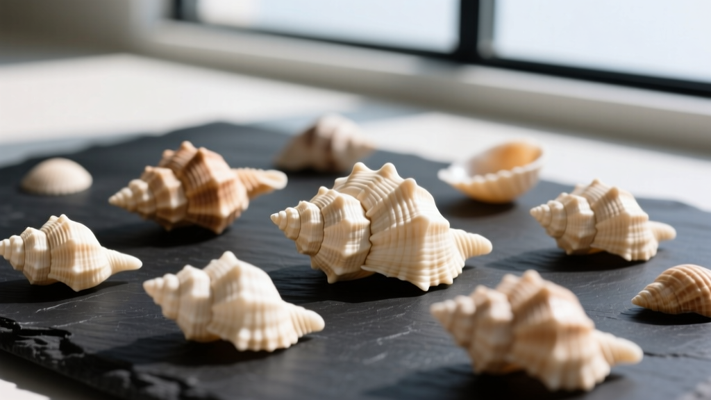 Macro photo of raw, unbleached puka shells showing natural spiral textures and warm ivory tones, scattered on a dark slate surface.