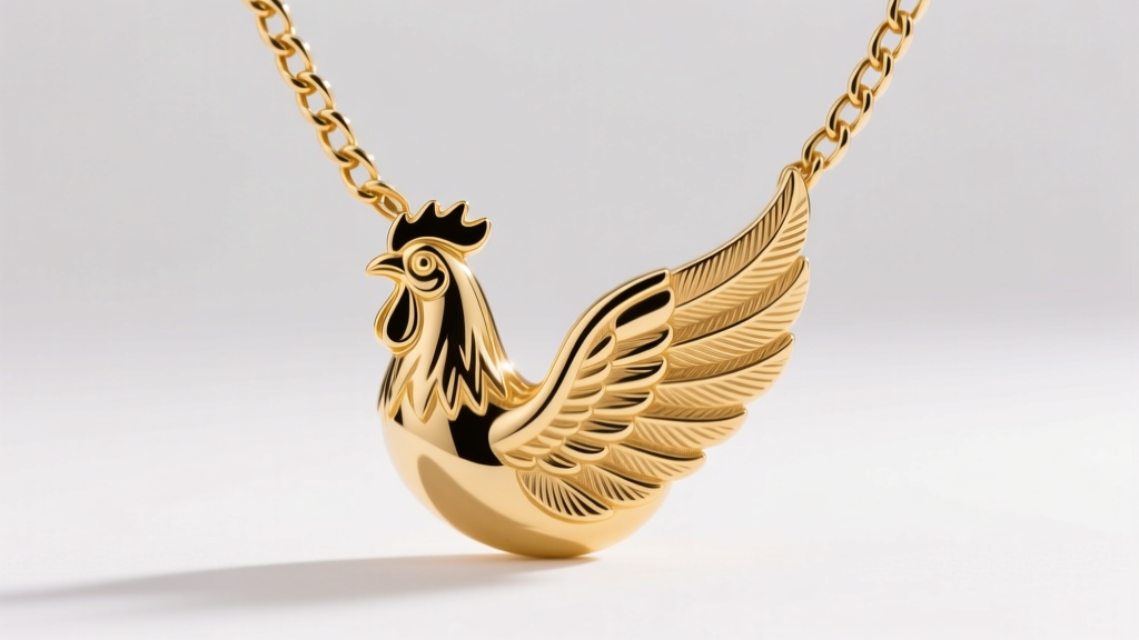 Side profile of a heavy 10k gold chicken wing pendant suspended on a thick Cuban link chain, studio lighting with soft shadows