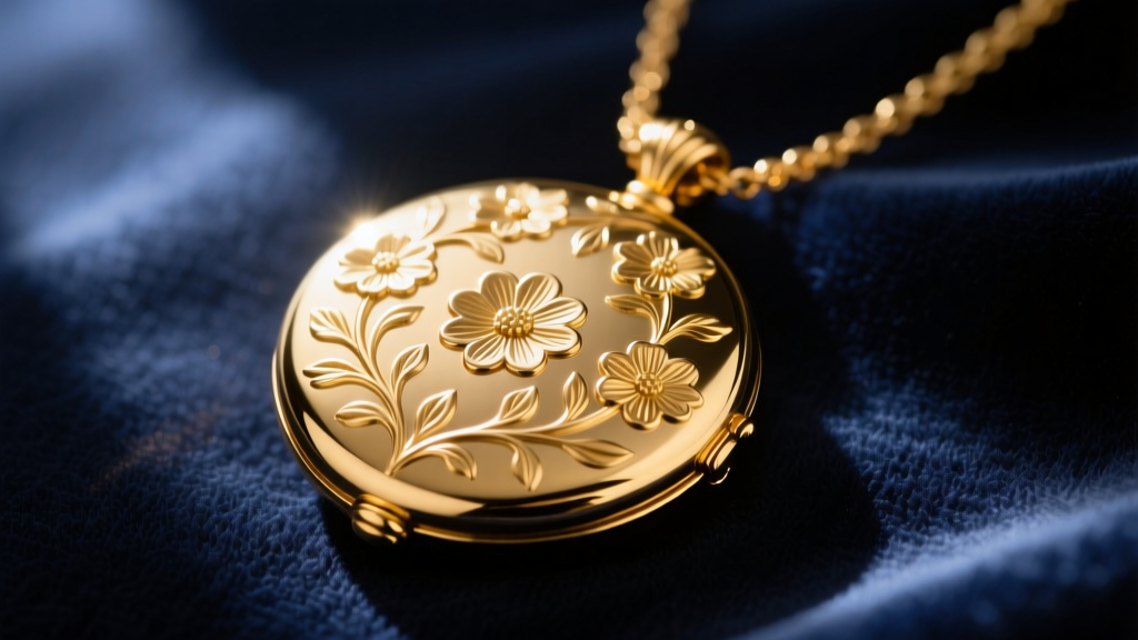 Large ornate gold locket necklace on dark velvet, soft lighting highlighting engraved floral patterns on the polished metal.