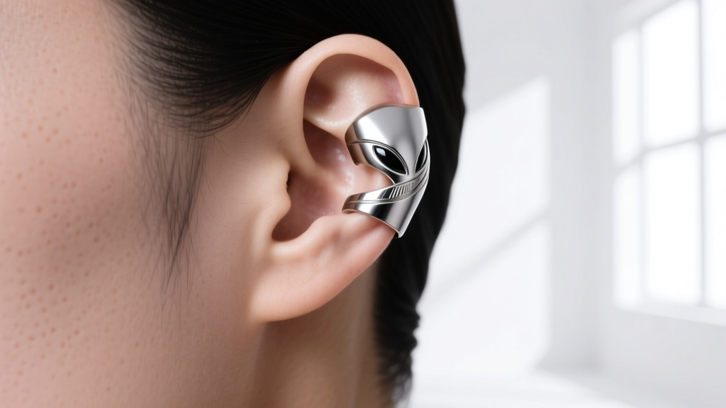 Side view of a titanium alien ear cuff wrapping around the helix cartilage, showing a secure fit and polished metallic finish.
