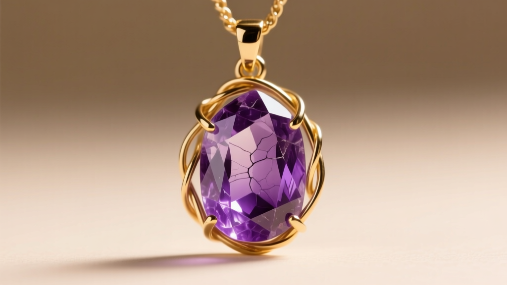 Macro shot of a raw sugilite purple crystal pendant in 14k gold wire, highlighting violet inclusions and metallic texture.