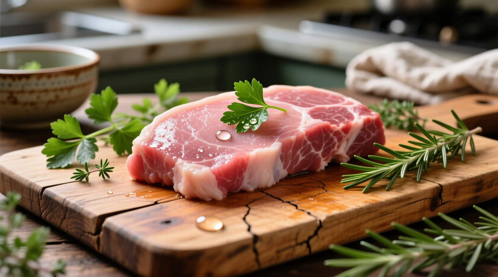 Fresh rabbit meat on wooden cutting board with herbs