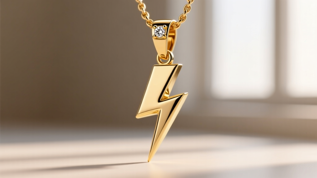 Macro shot of an 18k gold vermeil TCB pendant showing crisp lightning bolt edges and a small pave diamond accent at the top bail
