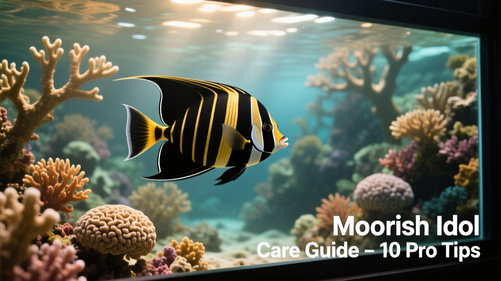Moorish idol swimming gracefully among live rock and coral in a mature reef aquarium