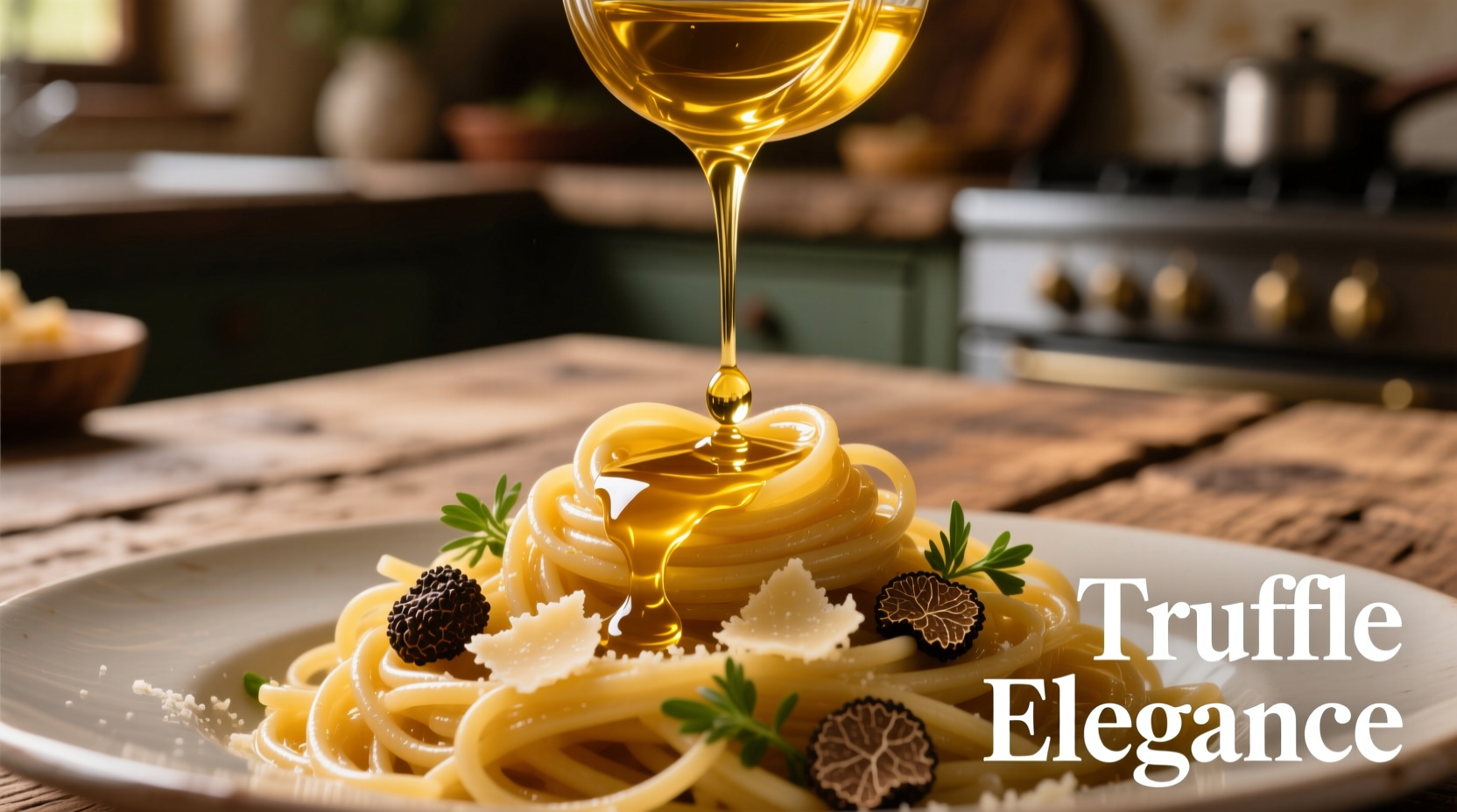 Close-up of truffle oil drizzling over pasta
