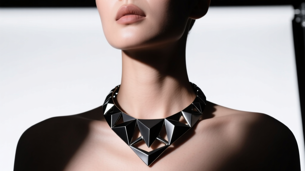 Model wearing a matte black PVD titanium statement necklace, studio lighting highlighting the dark metal texture and sharp shadows