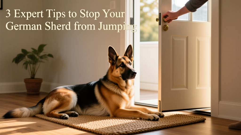 German Shepherd lying calmly on a mat near the front door while owner opens it