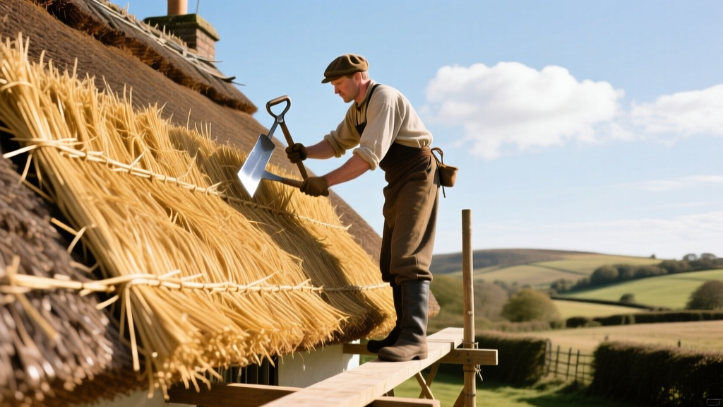 Master thatcher applying golden water reed to a steeply pitched cottage roof under clear skies using specialized leggett tools