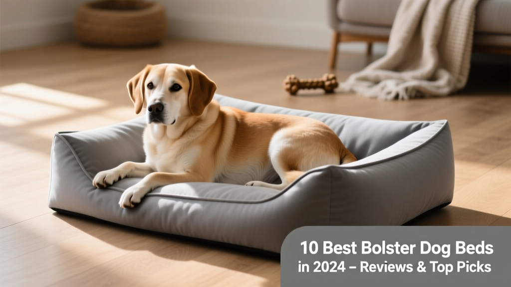 Side view of a medium-sized dog resting comfortably on a grey bolster dog bed with soft, rounded edges