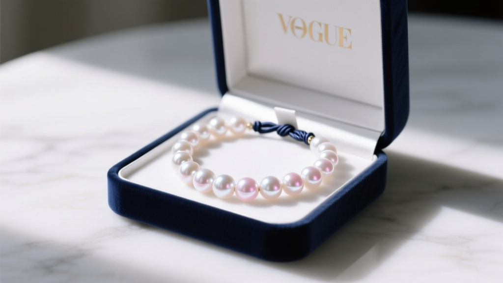 Open velvet box revealing a white Akoya pearl bead necklace, soft lighting highlighting bright luster and knotted silk details.