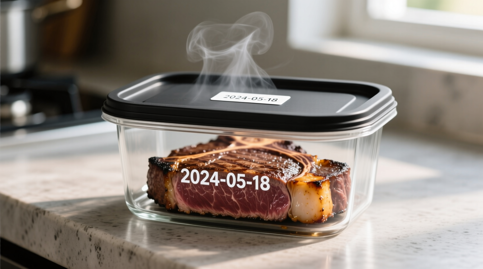 Cooked steak properly stored in airtight glass container with date label