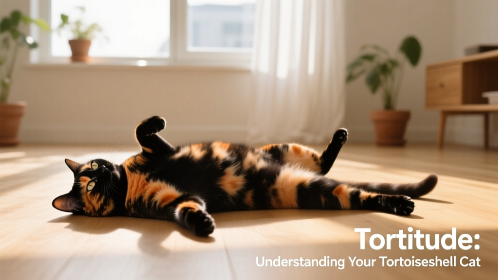 Tortoiseshell cat lying on its back in sunlit indoor space