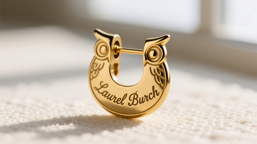 Back of a vintage 1990s Laurel Burch owl earring showing the gold-plated clip-on mechanism and engraved script signature hallmark.