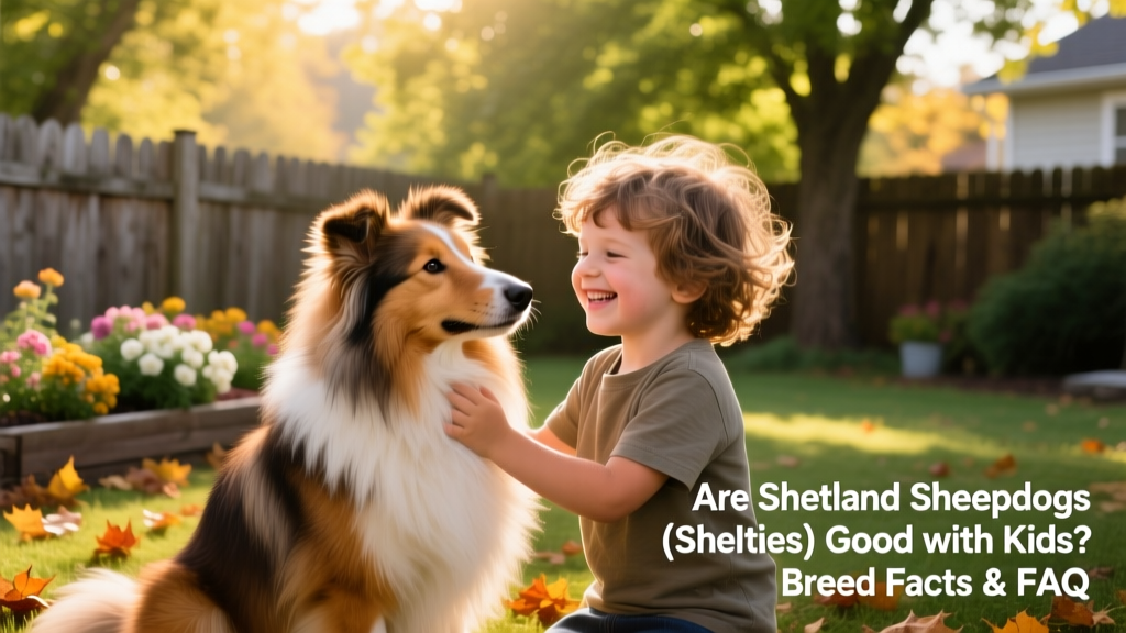 A smiling child gently petting a calm, well-groomed Shetland Sheepdog in a sunlit backyard