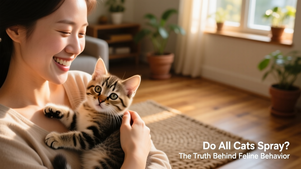 A happy adopter smiling while holding a gentle, purring kitten