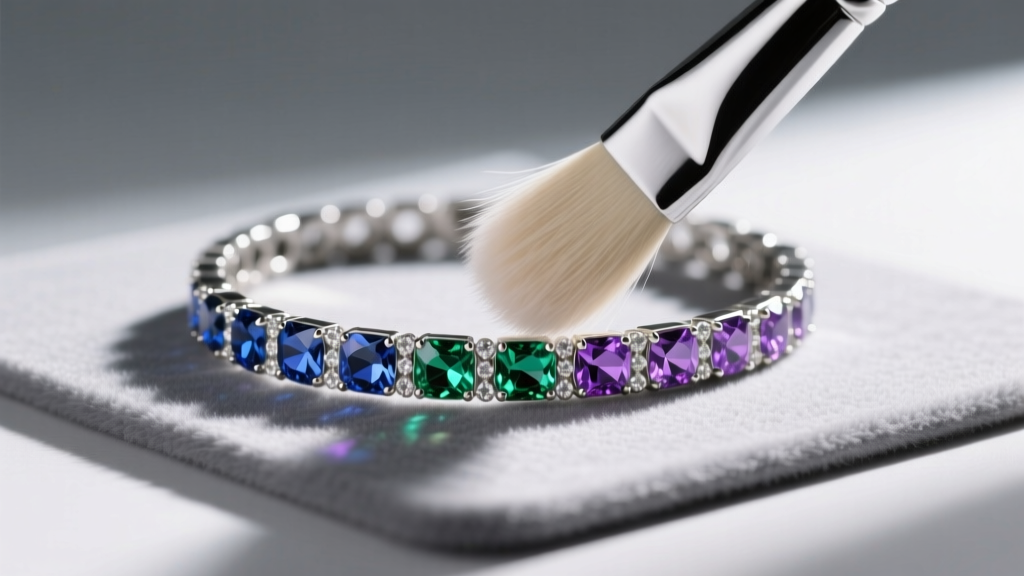 Soft goat-hair brush gently sweeping dust from a crystal rhinestone tennis bracelet resting on a gray microfiber mat.