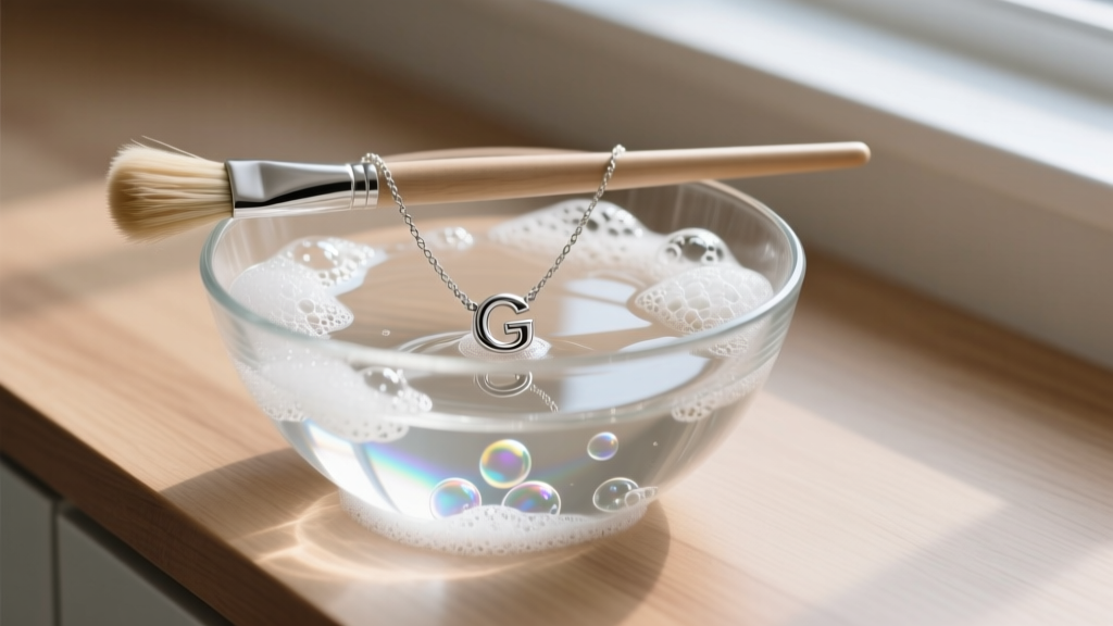 Glass bowl of soapy water and brush, with a silver G initial necklace partially submerged in gentle suds on a clean wood counter.