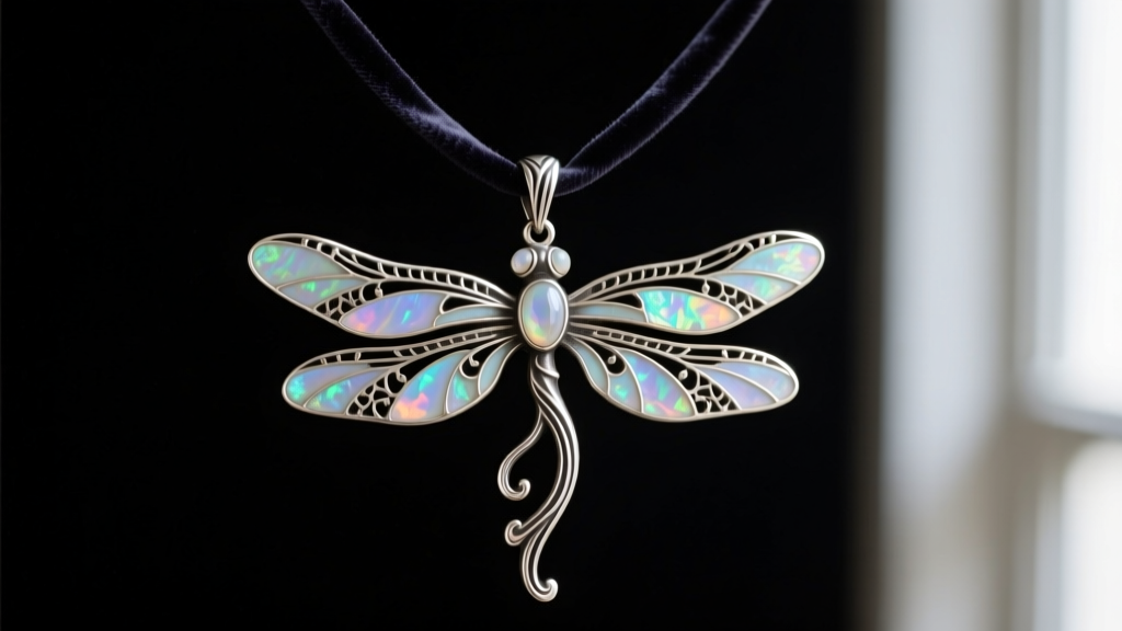Close-up of antique Art Nouveau pendant necklace featuring plique-à-jour enamel dragonfly with opal wings on dark velvet.