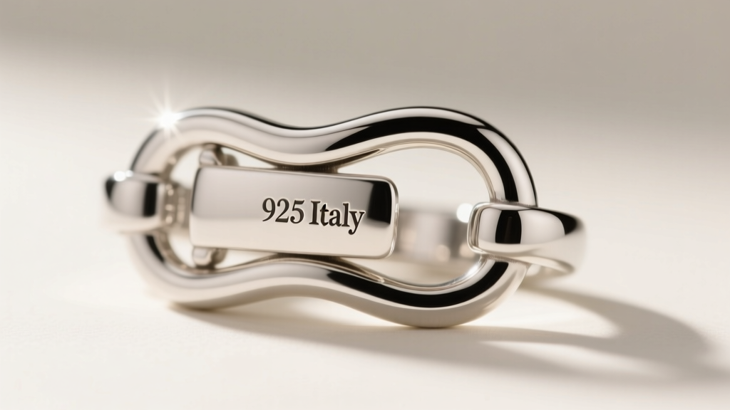 Close-up of a sterling silver lobster clasp showing the stamped 925 Italy hallmark, illuminated by a focused jeweler