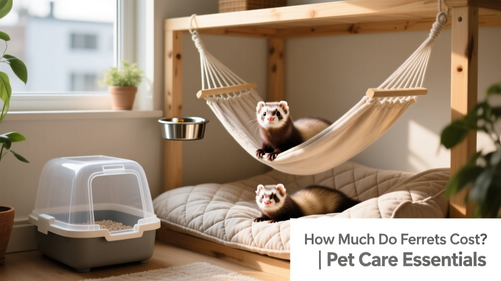 Well-organized ferret habitat with litter box, hanging hammock, secured food dish, and soft bedding