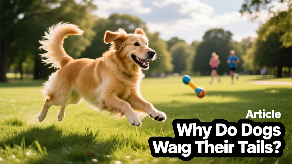 An overexcited dog mid-play in a grassy park, tail wagging vigorously