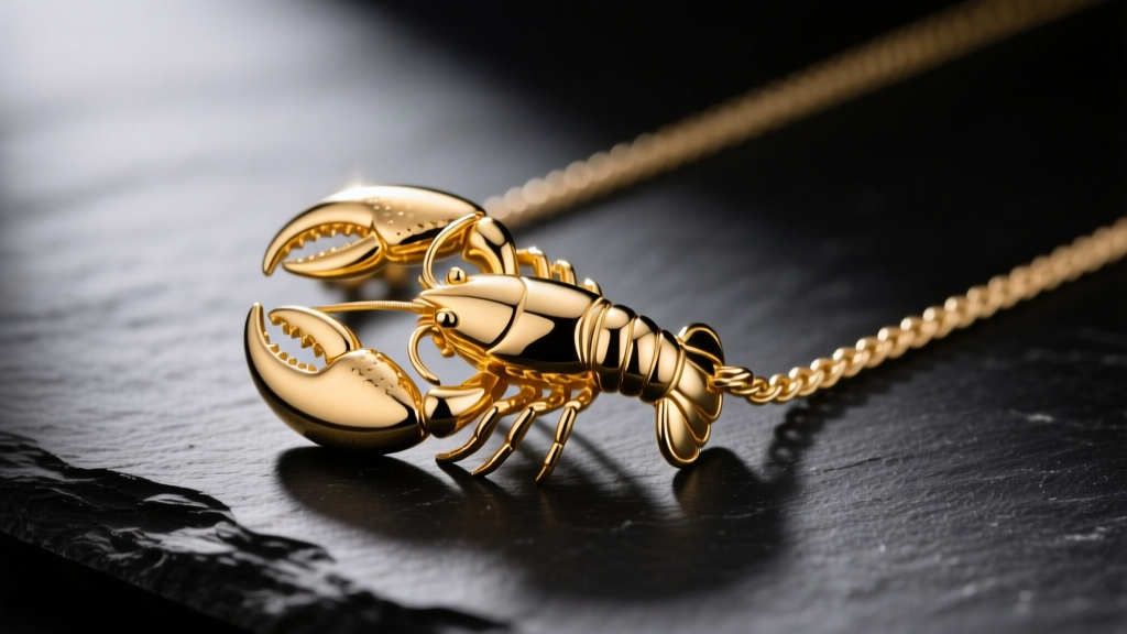 Macro photography of a polished 14k yellow gold lobster claw clasp attached to a delicate cable chain, resting on dark slate.