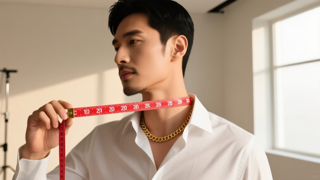 Man using a flexible fabric measuring tape around his neck to determine exact collar circumference for sizing a custom gold chain