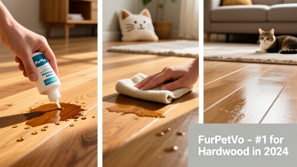 Step-by-step visual: applying FurPetVo remover to hardwood, blotting, then final clean surface