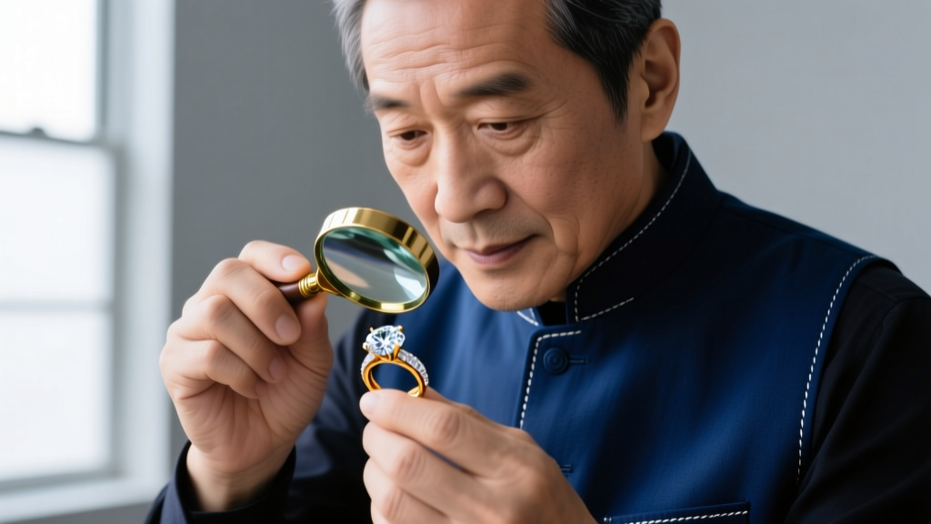 Close-up of a jeweler's loupe inspecting a microscopic 14K hallmark stamped on the inside of a delicate gold rope chain clasp.