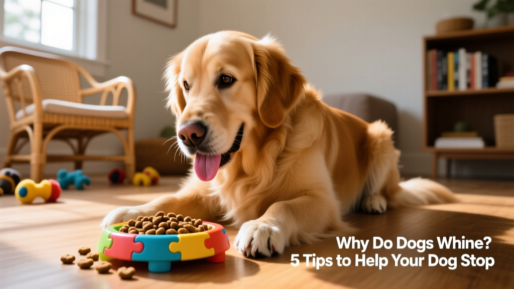 A dog happily engaged with a puzzle toy filled with kibble, tongue out and focused