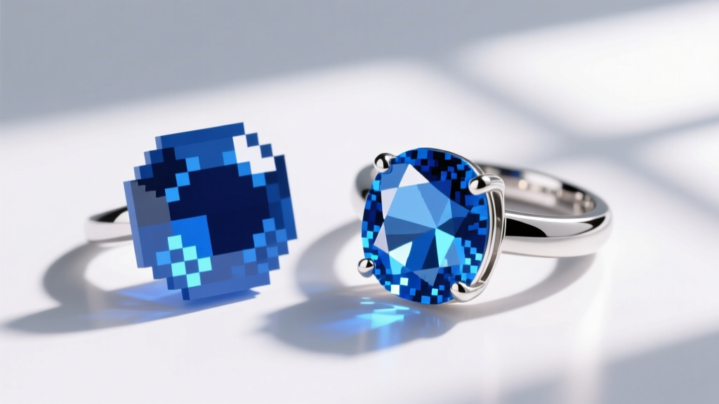 Pixelated retro RPG blue sapphire ring displayed next to a real faceted Ceylon sapphire set in a polished sterling silver band.