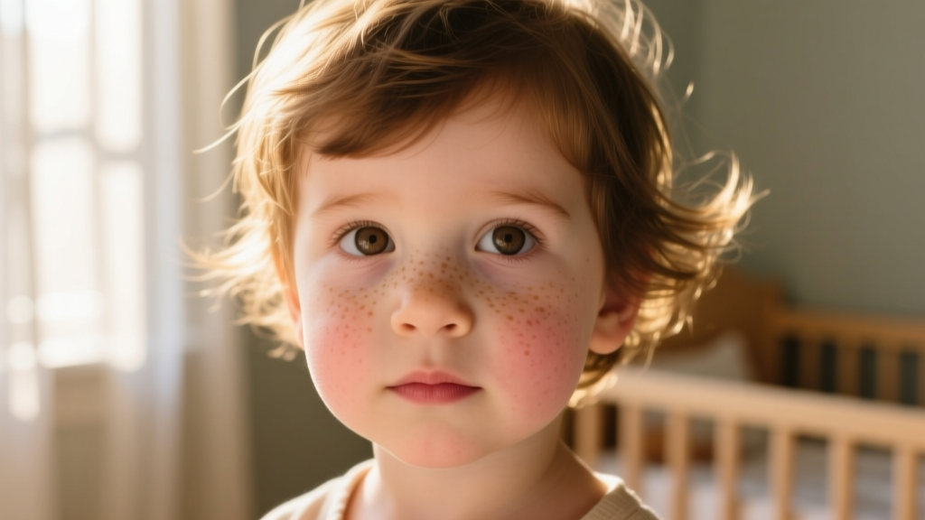 Close-up of a child's earlobe wearing a small titanium flat-back stud with a bezel-set pink sapphire under soft lighting.